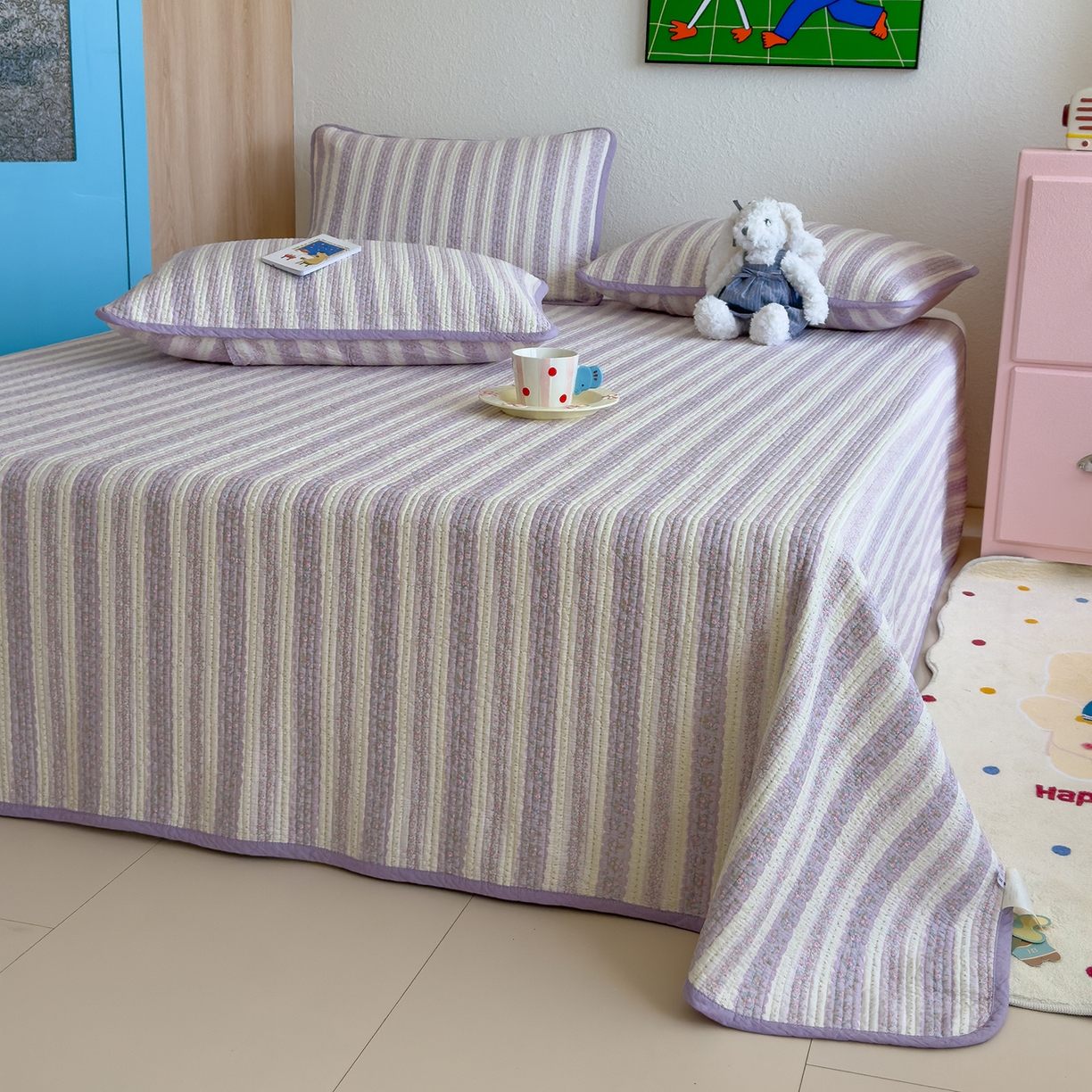 91家纺网 家纺一手货源 找家纺 赫梵茜 2025新款高温砂洗全棉床盖单品床盖床盖单件床盖三件套【填充含可水洗棉花】 半岛紫