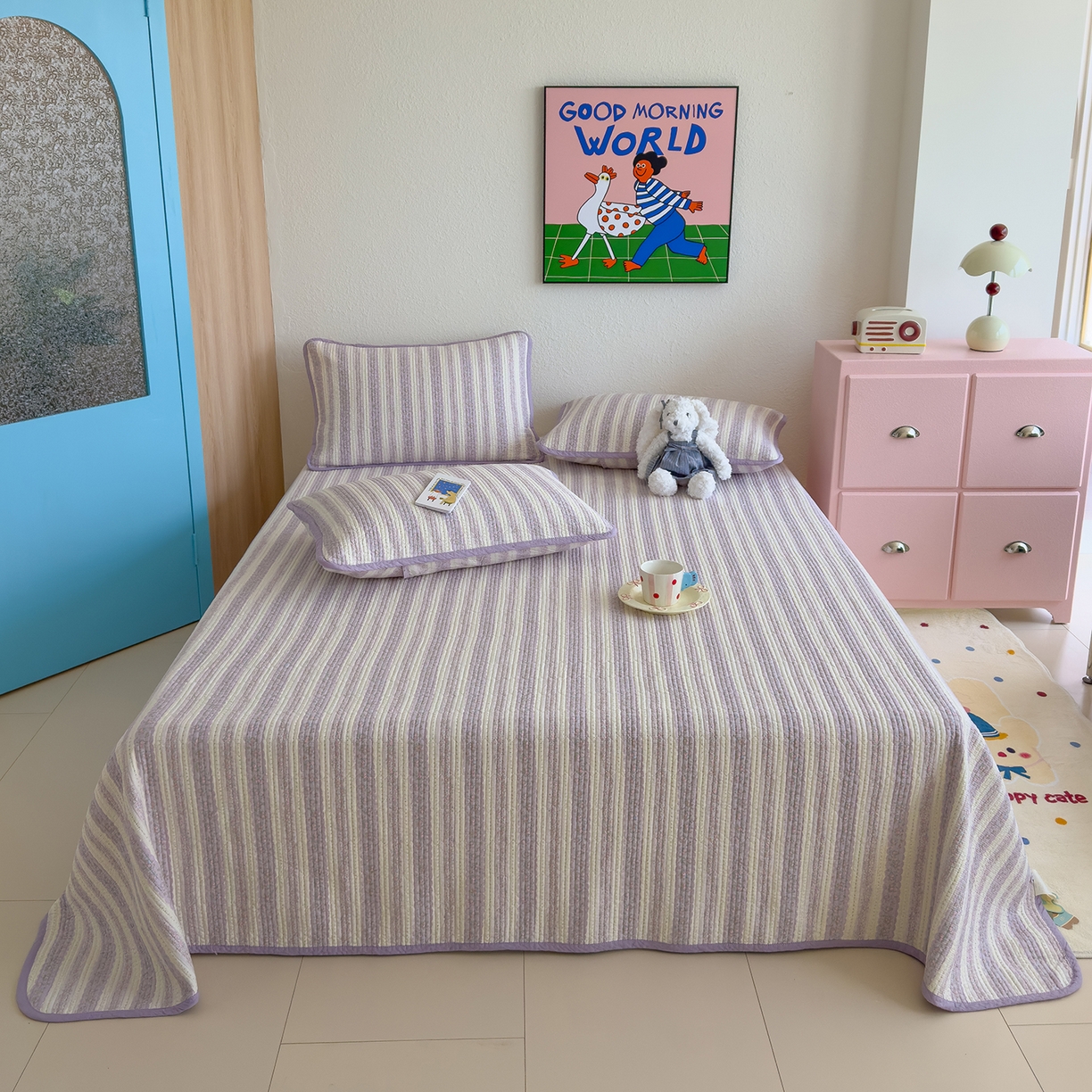 91家纺网 家纺一手货源 找家纺 赫梵茜 2025新款高温砂洗全棉床盖单品床盖床盖单件床盖三件套【填充含可水洗棉花】 半岛紫