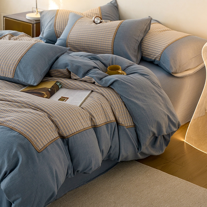 安莱生活 2025新款全棉纯棉色织磨毛四件套 小格纹-蓝调