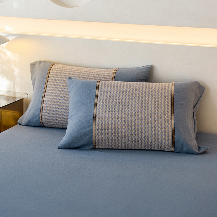 91家纺网 家纺一手货源 找家纺 安莱生活 2025新款全棉纯棉色织磨毛四件套 小格纹-蓝调