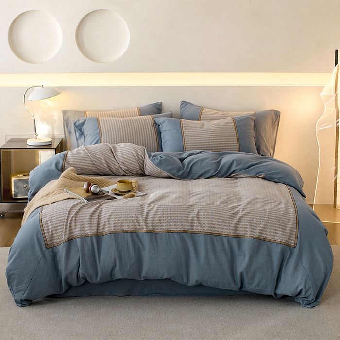 91家纺网 家纺一手货源 找家纺 安莱生活 2025新款全棉纯棉色织磨毛四件套 小格纹-蓝调