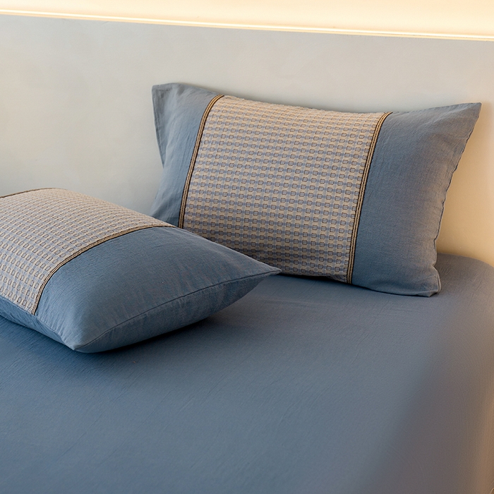 91家纺网 家纺一手货源 找家纺 安莱生活 2025新款全棉纯棉色织磨毛四件套 小格纹-蓝调