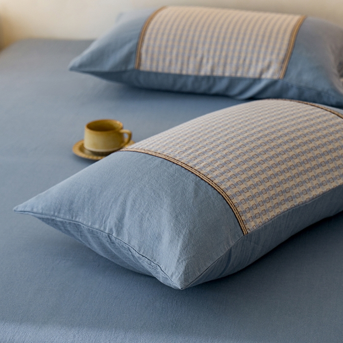 91家纺网 家纺一手货源 找家纺 安莱生活 2025新款全棉纯棉色织磨毛四件套 小格纹-蓝调