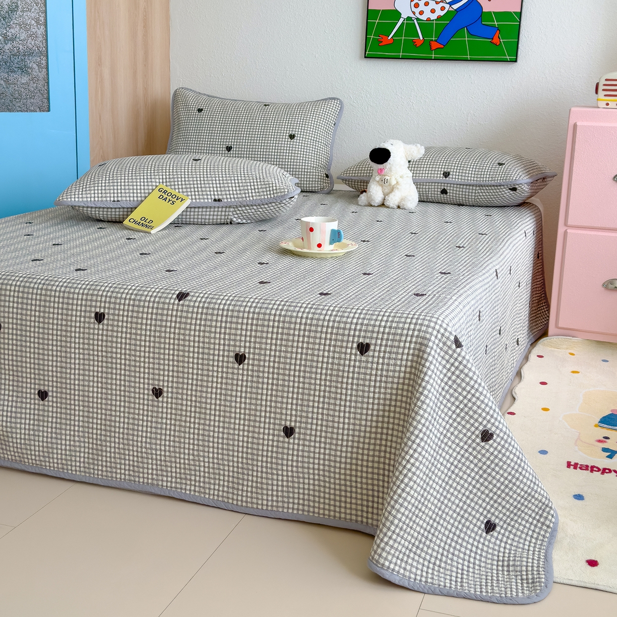 91家纺网 家纺一手货源 找家纺 赫梵茜 2025新款高温砂洗全棉床盖单品床盖床盖单件床盖三件套【填充含可水洗棉花】 格子爱心灰