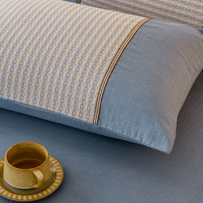 91家纺网 家纺一手货源 找家纺 安莱生活 2025新款全棉纯棉色织磨毛四件套 小格纹-蓝调