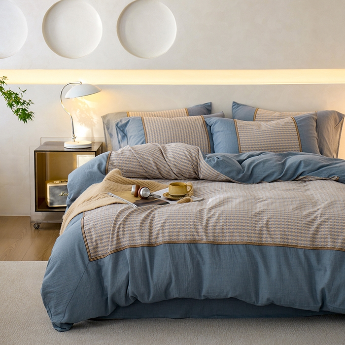 91家纺网 家纺一手货源 找家纺 安莱生活 2025新款全棉纯棉色织磨毛四件套 小格纹-蓝调