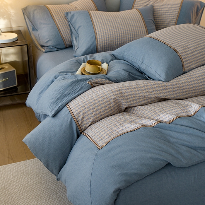 91家纺网 家纺一手货源 找家纺 安莱生活 2025新款全棉纯棉色织磨毛四件套 小格纹-蓝调