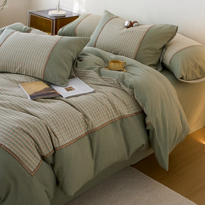 安莱生活 2025新款全棉纯棉色织磨毛四件套 小格纹-青漾