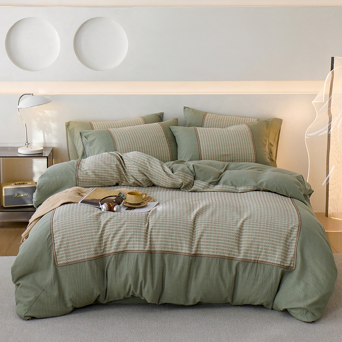 91家纺网 家纺一手货源 找家纺 安莱生活 2025新款全棉纯棉色织磨毛四件套 小格纹-青漾