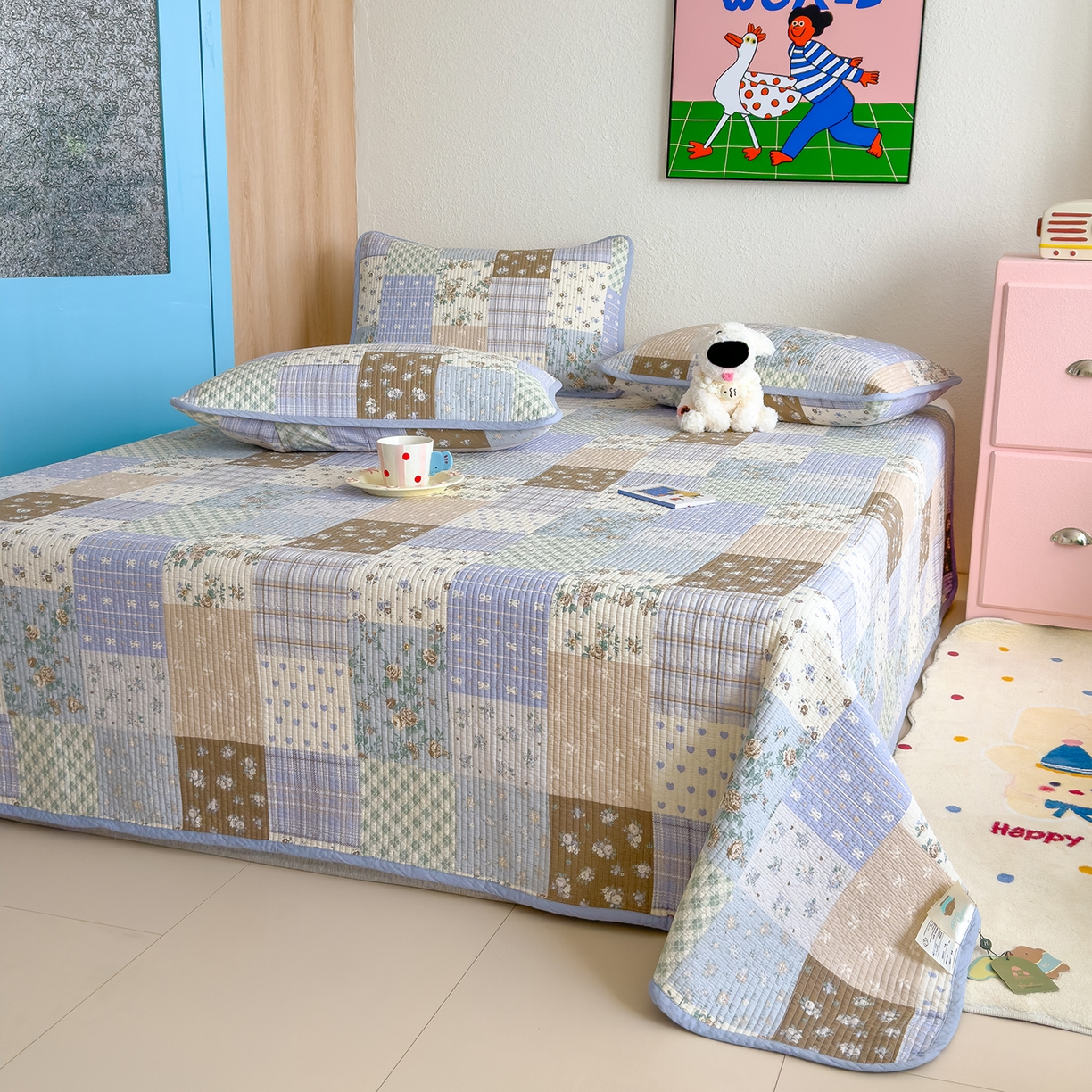 91家纺网 家纺一手货源 找家纺 赫梵茜 2025新款高温砂洗全棉床盖单品床盖床盖单件床盖三件套【填充含可水洗棉花】 款款诗意蓝