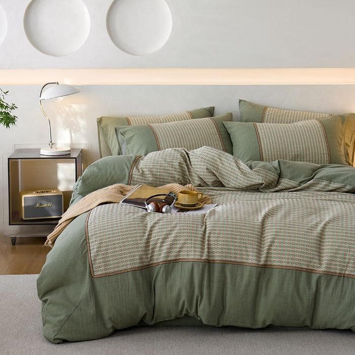 91家纺网 家纺一手货源 找家纺 安莱生活 2025新款全棉纯棉色织磨毛四件套 小格纹-青漾