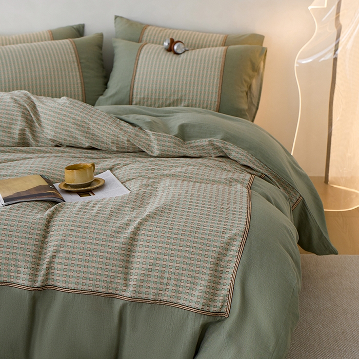 91家纺网 家纺一手货源 找家纺 安莱生活 2025新款全棉纯棉色织磨毛四件套 小格纹-青漾