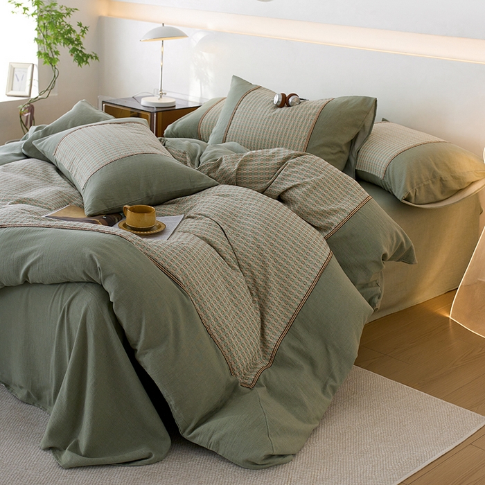 91家纺网 家纺一手货源 找家纺 安莱生活 2025新款全棉纯棉色织磨毛四件套 小格纹-青漾