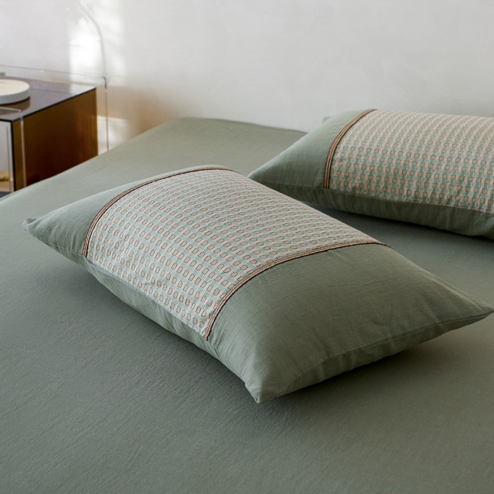 91家纺网 家纺一手货源 找家纺 安莱生活 2025新款全棉纯棉色织磨毛四件套 小格纹-青漾