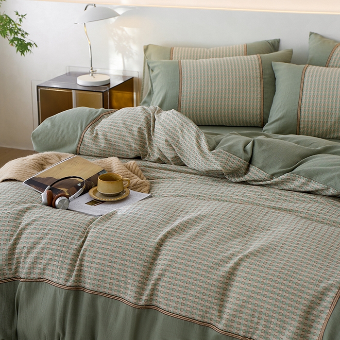 91家纺网 家纺一手货源 找家纺 安莱生活 2025新款全棉纯棉色织磨毛四件套 小格纹-青漾