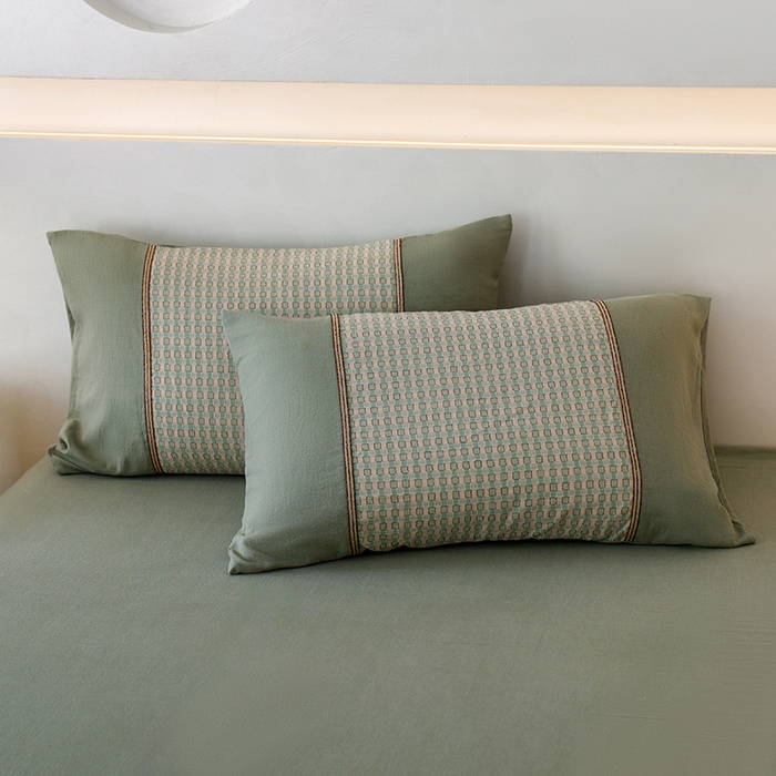 91家纺网 家纺一手货源 找家纺 安莱生活 2025新款全棉纯棉色织磨毛四件套 小格纹-青漾