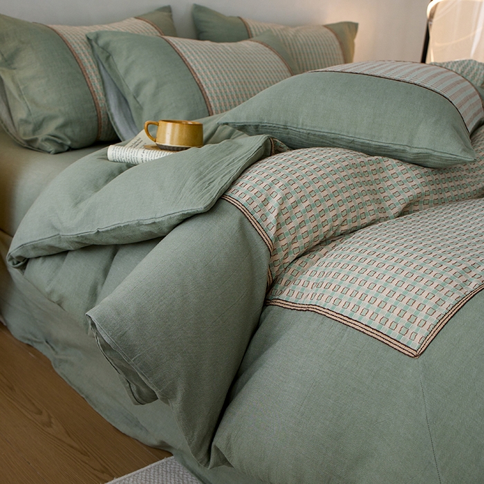 91家纺网 家纺一手货源 找家纺 安莱生活 2025新款全棉纯棉色织磨毛四件套 小格纹-青漾