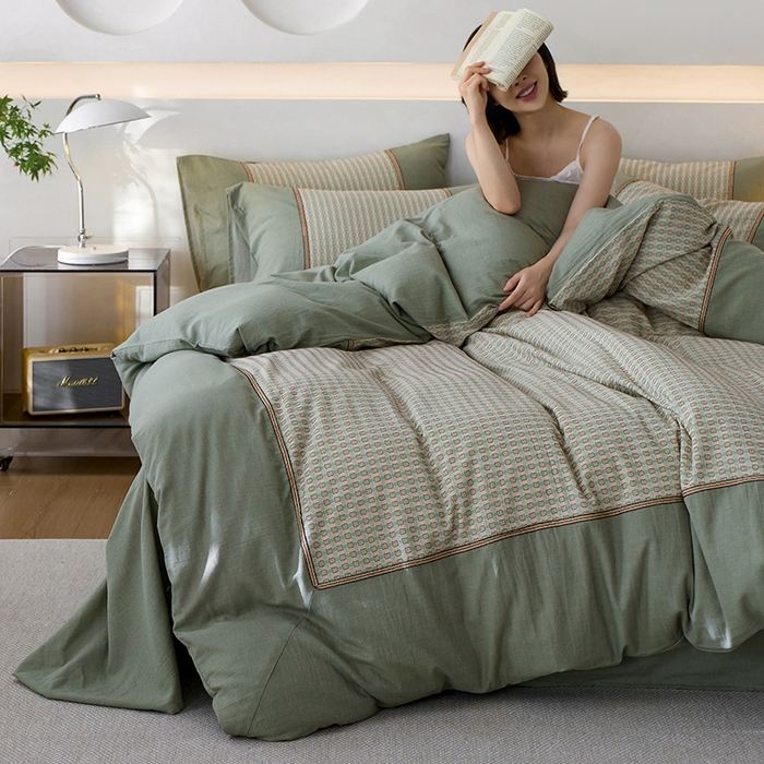 91家纺网 家纺一手货源 找家纺 安莱生活 2025新款全棉纯棉色织磨毛四件套 小格纹-青漾