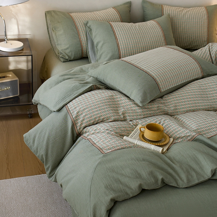 91家纺网 家纺一手货源 找家纺 安莱生活 2025新款全棉纯棉色织磨毛四件套 小格纹-青漾