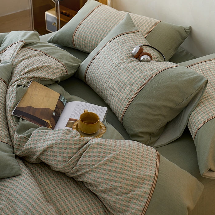 91家纺网 家纺一手货源 找家纺 安莱生活 2025新款全棉纯棉色织磨毛四件套 小格纹-青漾