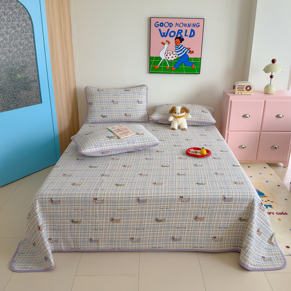 91家纺网 家纺一手货源 找家纺 赫梵茜 2025新款高温砂洗全棉床盖单品床盖床盖单件床盖三件套【填充含可水洗棉花】 腊肠伙伴