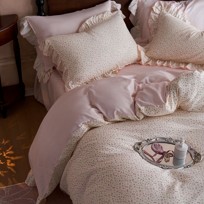 91家纺网 家纺一手货源 找家纺 安莱生活 2025新款全棉纯棉双层纱花边款四件套 絮语