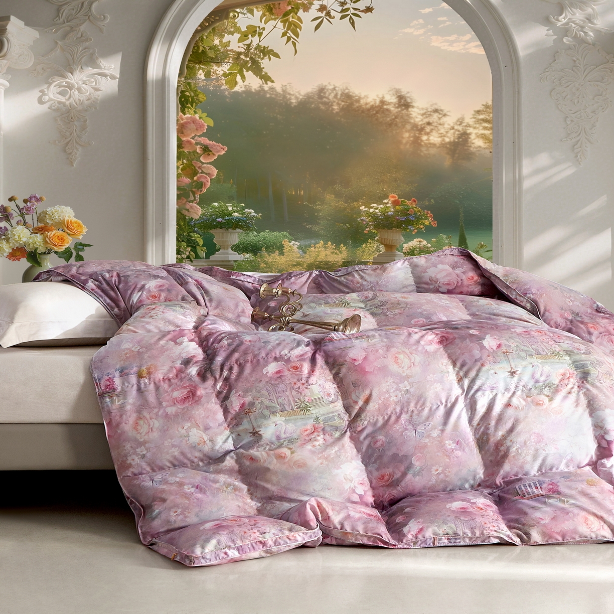 91家纺网 家纺一手货源 找家纺 织梦人羽绒工厂店 2025新款高蓬松羽绒羽毛被大牌同款花型 莫奈花园新