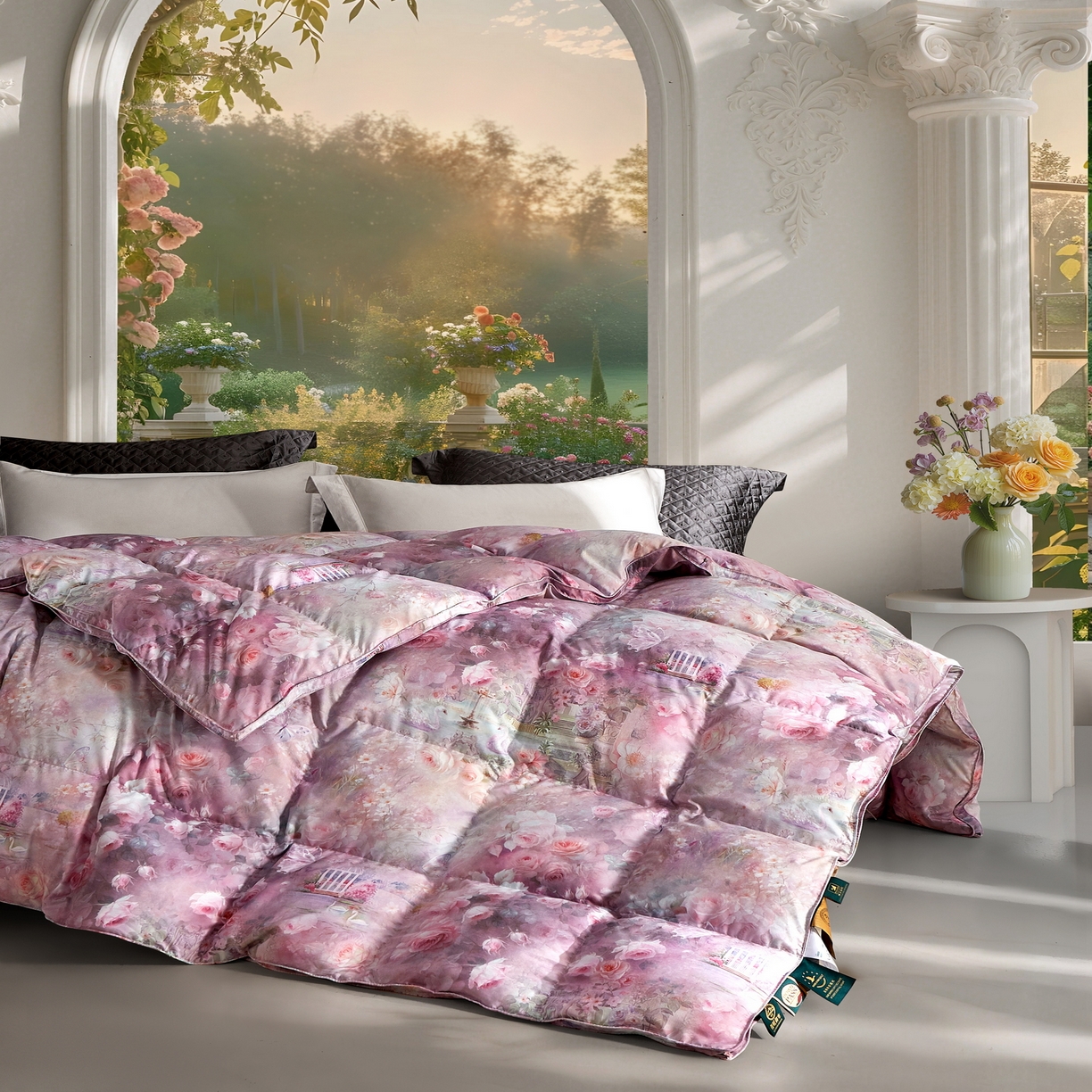 91家纺网 家纺一手货源 找家纺 织梦人羽绒工厂店 2025新款高蓬松羽绒羽毛被大牌同款花型 莫奈花园新