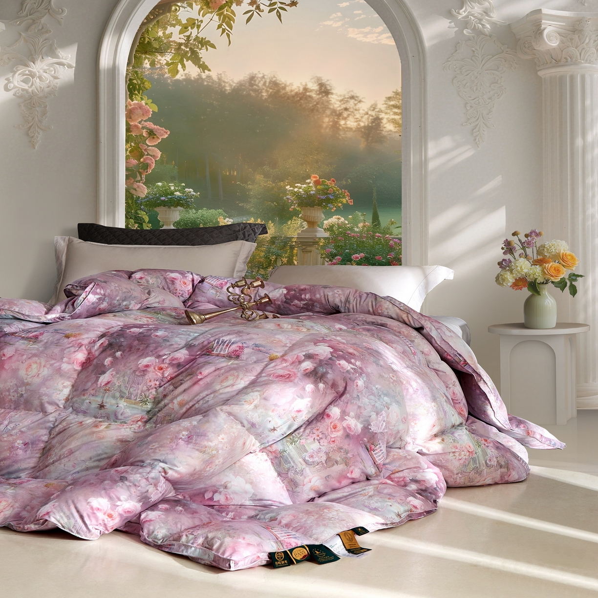 91家纺网 家纺一手货源 找家纺 织梦人羽绒工厂店 2025新款高蓬松羽绒羽毛被大牌同款花型 莫奈花园新