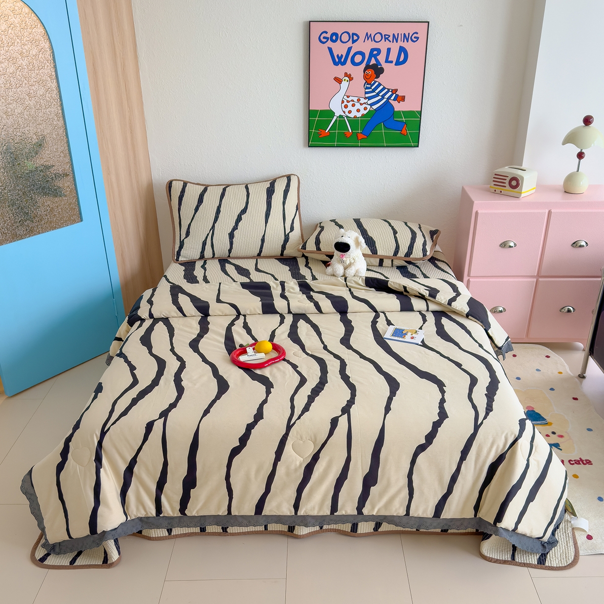 91家纺网 家纺一手货源 找家纺 赫梵茜 2025新款高温砂洗全棉床盖单品床盖床盖单件床盖三件套【可搭配同款春秋被】 斑马纹