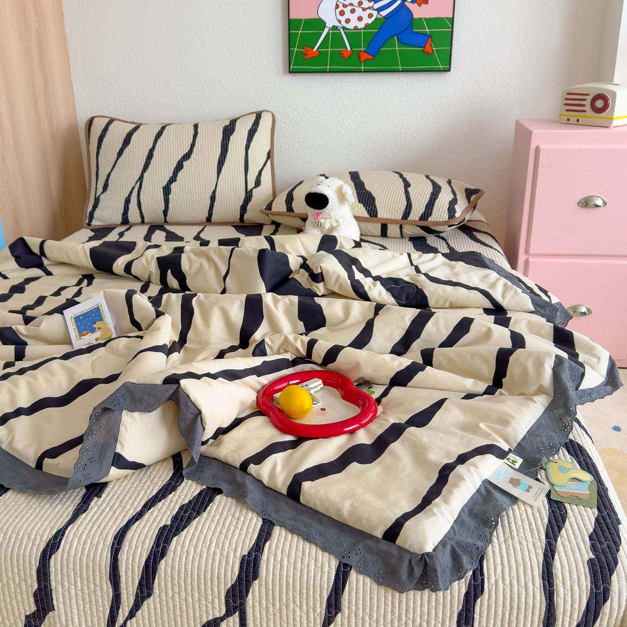 91家纺网 家纺一手货源 找家纺 赫梵茜 2025新款高温砂洗全棉床盖单品床盖床盖单件床盖三件套【可搭配同款春秋被】 斑马纹