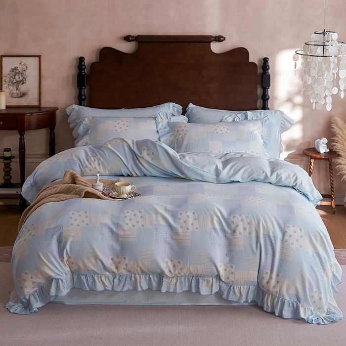 91家纺网 家纺一手货源 找家纺 安莱生活 2025新款全棉纯棉双层纱花边款四件套 绮之梦