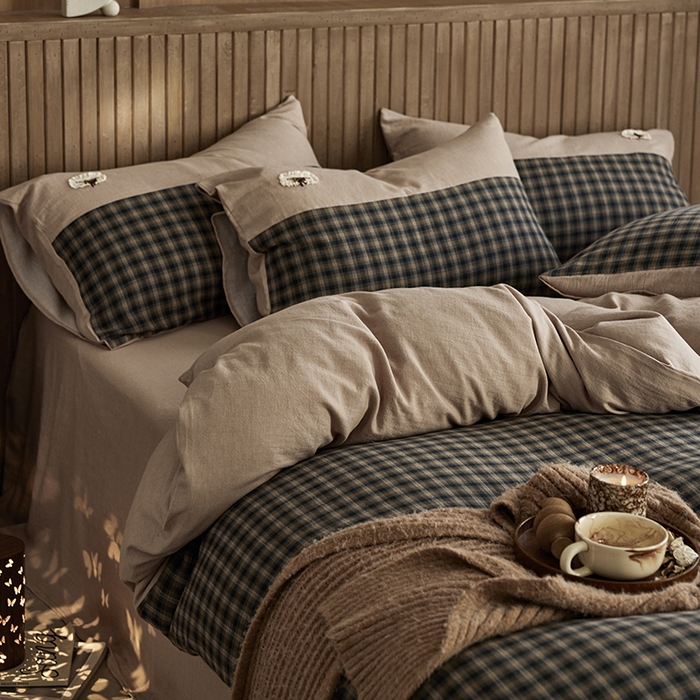 安莱生活 2025新款全棉纯棉色织磨毛简逸格调四件套 静眠格