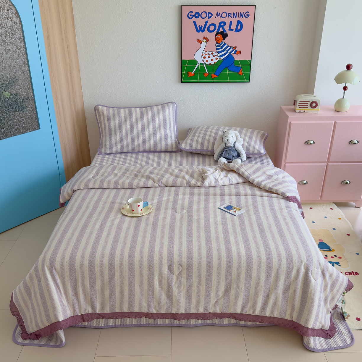 91家纺网 家纺一手货源 找家纺 赫梵茜 2025新款高温砂洗全棉床盖单品床盖床盖单件床盖三件套【可搭配同款春秋被】 半岛紫