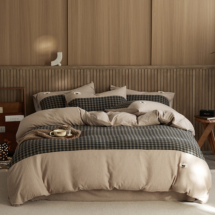 91家纺网 家纺一手货源 找家纺 安莱生活 2025新款全棉纯棉色织磨毛简逸格调四件套 静眠格