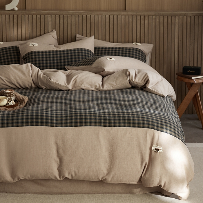 91家纺网 家纺一手货源 找家纺 安莱生活 2025新款全棉纯棉色织磨毛简逸格调四件套 静眠格