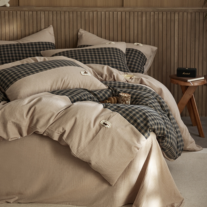 91家纺网 家纺一手货源 找家纺 安莱生活 2025新款全棉纯棉色织磨毛简逸格调四件套 静眠格