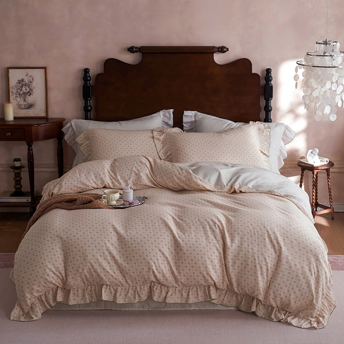 91家纺网 家纺一手货源 找家纺 安莱生活 2025新款全棉纯棉双层纱花边款四件套 清梦