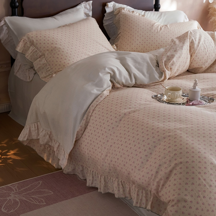 91家纺网 家纺一手货源 找家纺 安莱生活 2025新款全棉纯棉双层纱花边款四件套 清梦