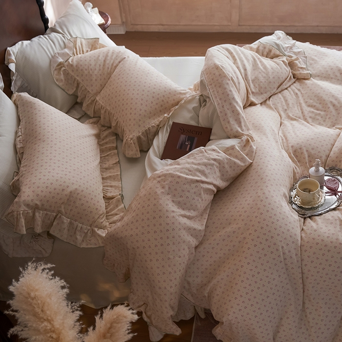 91家纺网 家纺一手货源 找家纺 安莱生活 2025新款全棉纯棉双层纱花边款四件套 清梦