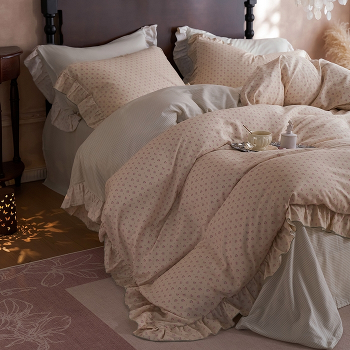 91家纺网 家纺一手货源 找家纺 安莱生活 2025新款全棉纯棉双层纱花边款四件套 清梦