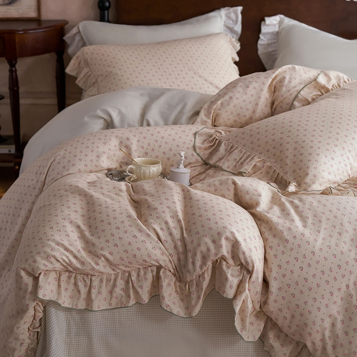 91家纺网 家纺一手货源 找家纺 安莱生活 2025新款全棉纯棉双层纱花边款四件套 清梦