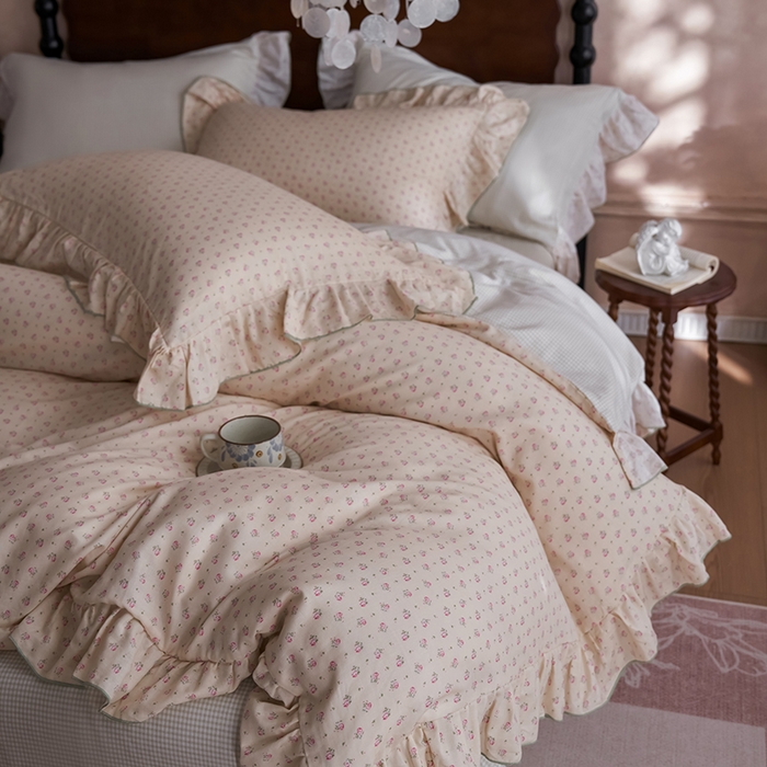 91家纺网 家纺一手货源 找家纺 安莱生活 2025新款全棉纯棉双层纱花边款四件套 清梦