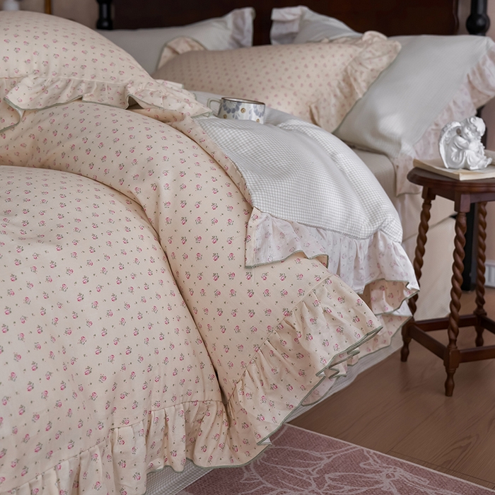 91家纺网 家纺一手货源 找家纺 安莱生活 2025新款全棉纯棉双层纱花边款四件套 清梦