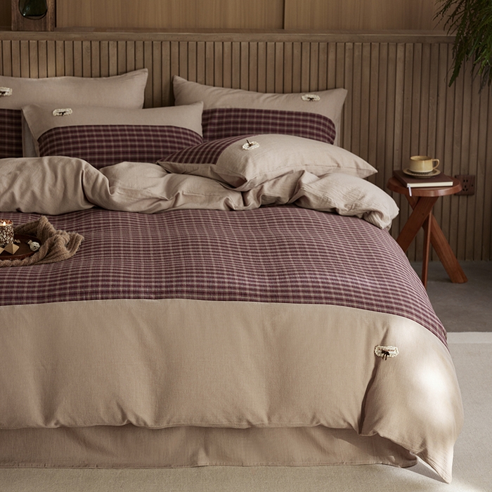 91家纺网 家纺一手货源 找家纺 安莱生活 2025新款全棉纯棉色织磨毛简逸格调四件套 蜜格恋