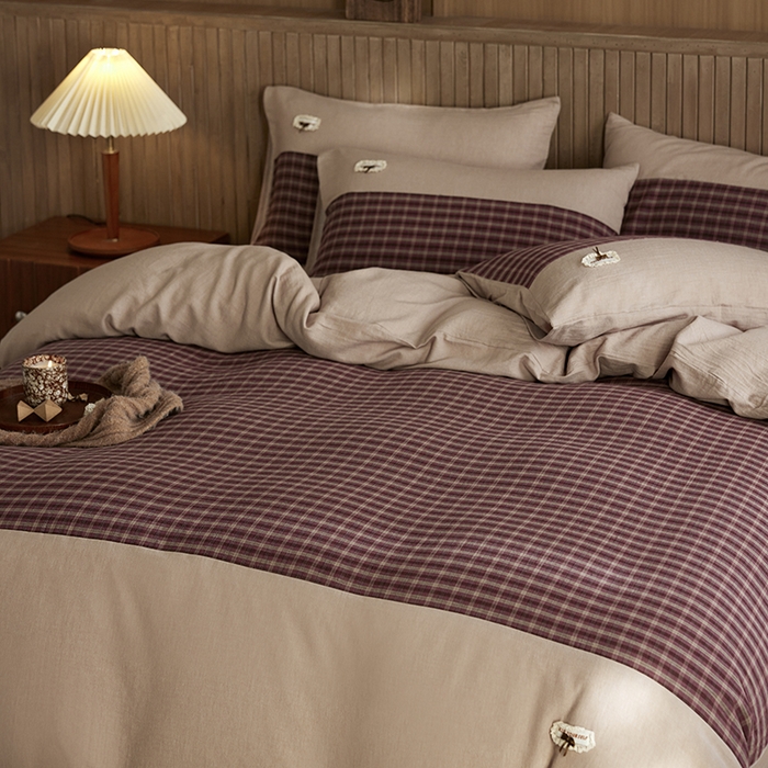 91家纺网 家纺一手货源 找家纺 安莱生活 2025新款全棉纯棉色织磨毛简逸格调四件套 蜜格恋