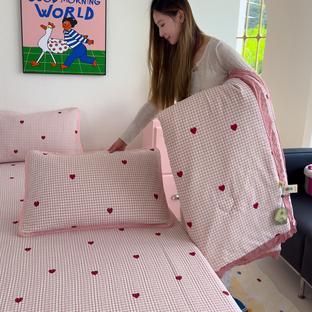 赫梵茜 2025新款高温砂洗全棉床盖单品床盖床盖单件床盖三件套【可搭配同款春秋被】 格子爱心粉