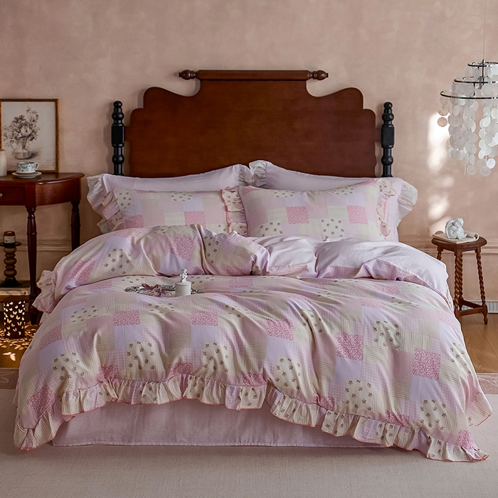 91家纺网 家纺一手货源 找家纺 安莱生活 2025新款全棉纯棉双层纱花边款四件套 雾中花