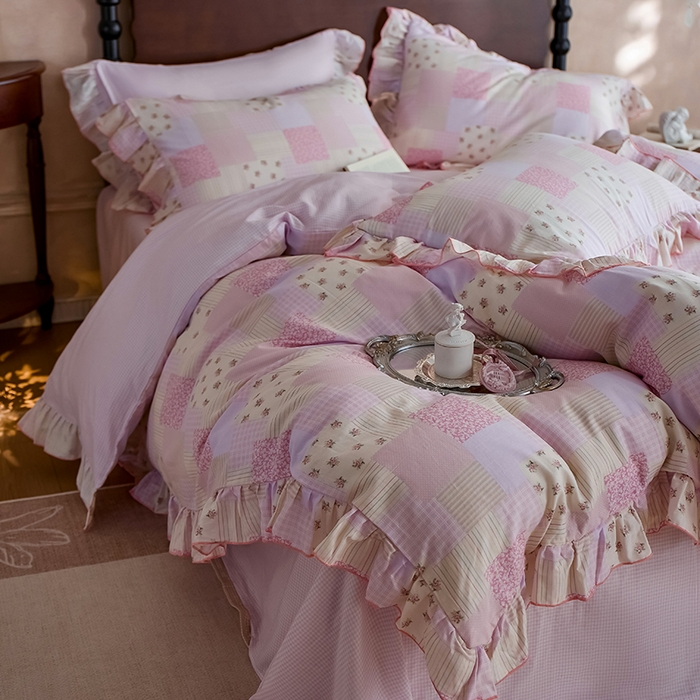 91家纺网 家纺一手货源 找家纺 安莱生活 2025新款全棉纯棉双层纱花边款四件套 雾中花