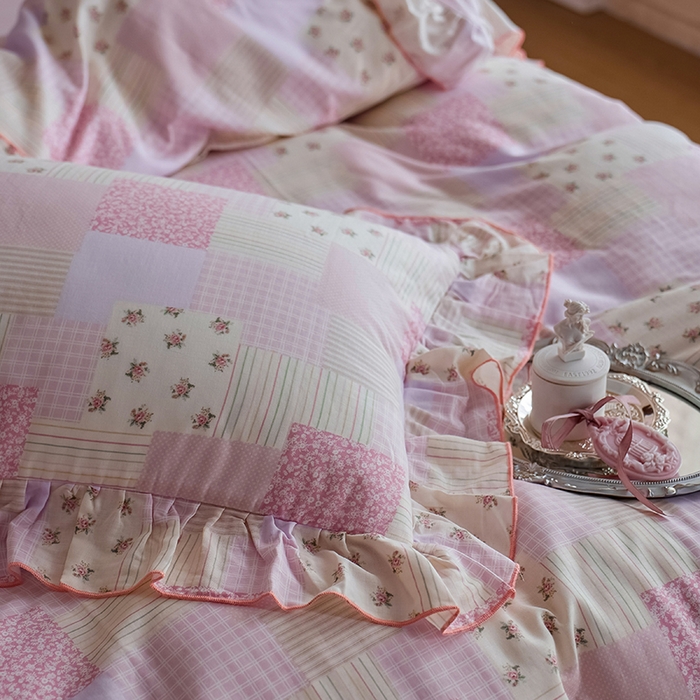 91家纺网 家纺一手货源 找家纺 安莱生活 2025新款全棉纯棉双层纱花边款四件套 雾中花